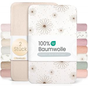 Ulteronixshop-Lot De 2 Draps-Housses En Mousseline De Coton Pour Enfant - 60 X 120 Cm / 70 X 140 Cm, Pour Lit De Voyage, Lit D'appoint, Linge (P&acirc;querettes, Blanc, 70 X 140 Cm) - Neuf