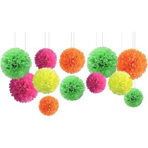 KALANKA-Décorations de fête à la lumière noire ¿ Lot de 12 pompons en papier de soie fluorescent pour anniversaire, mariage, fête fluorescente dans le noir, fête néon, photographie de danse. - Neuf