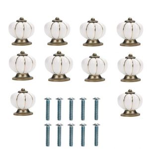 Bouton rond vintage en céramique blanche et or avec une citrouille pour la fabrication de meubles avec des vis (pack de 10) - 4 x 4 cm - Pour la maison, bureau, armoires de cuisine, tiroirs et de placards - Neuf