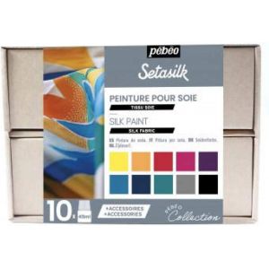 P&eacute;b&eacute;o - Setasilk Coffret Collection - Kit Peinture Sur Soie - 10 Flacons Bouchon Pipette De 45 Ml Assortis + 2 Gutta &Agrave; L'eau 20 Ml + Accessoires - Neuf