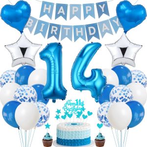 D&eacute;coration D'anniversaire 14 Ans - Bleu Argent&eacute; - D&eacute;coration De F&ecirc;te Pour Gar&ccedil;on Et Fille - D&eacute;coration De G&acirc;teau Pour 14 Ans - Neuf