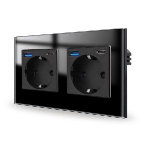 Double prise en verre avec USB 20 W - Charge rapide en noir - Montage encastr&eacute; - 2 prises 16 A avec USB A et type C maximum 3,1 A - 157 x 86 mm - 250 V - Neuf
