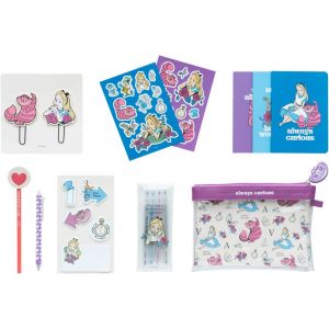 Set De Papeterie Alice Aux Pays Des Merveilles|Inclut : 1 Stylo Bille,1 Crayon De Papier,4 Surligneurs,2 Trombones,3 Carnets A6,Des Stickers|Papeterie Kawaii - Neuf