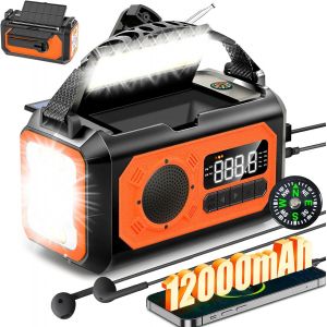 DTUB-12000Mah Solaire Radio À Manivelle,Am/Fm Radio Portable Avec Chargeur De Téléphone,2 Panneaux Solaires,Alarme Sos,Lampe De Poche Pour Camping,Ourdoor,Urgence - Neuf