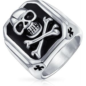 Kal-Personnalisez La Bague À Sceau En Acier Inoxydable Ton Argent Oxydé De Grande Taille Pour Hommes Avec Un Motif De Crâne Avec Des Os Croisés Ou Le Pendentif Noir Pour Halloween Jour Des Morts - Neuf