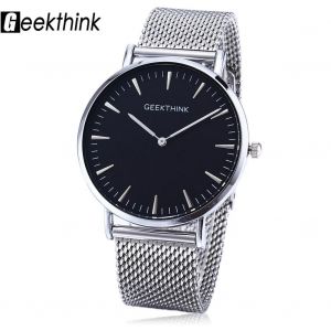 Hommes En Acier Inoxydable Maille Bracelet Quartz Cadran Rond Montre &Agrave; Affichage Analogique (Bracelet Argent&eacute; Cadran Noir) - Neuf