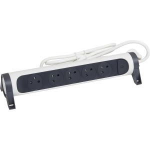 Multiprise Rotative Avec Interrupteur &agrave; Voyant LED - 5 Prises Surface avec Terre - Cordon 3m - Blanc et Gris Fonc&eacute; - Neuf