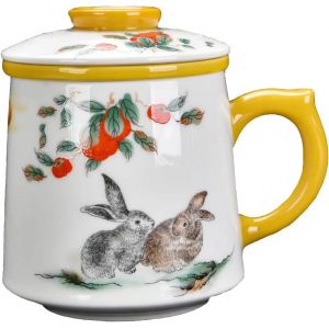 ERYI-415Ml Tasse À Thé 3-En-1 Avec Infuseur Et Couvercle, Motif Lapin, Céramique Mug - Tc350 Blanc - Neuf
