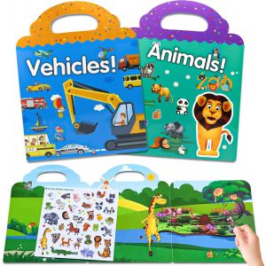 Trahoo-Gommettes Enfants 2 3 4 Ans 2 Pcs Livre Autocollant Animaux Et Voiture Véhicule, Reutilisable Activite Enfant Autocollant Avec Pliable Panorama Et Pvc Statiques Illustré Stickers, Idees Cadeau - Neuf