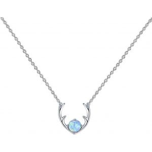 Kal-Collier Femme En Argent 925 Avec Pendentif Bois De Cerf Et Opale Brillante, Pendentif Femme Argent,Bijou Élégant Et Ajustable 45+5cm, Idéal Comme Cadeau Pour Noël, Anniversaires Ou Saint-Valentin - Neuf