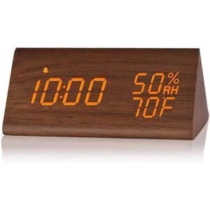 R&eacute;veil Num&eacute;rique, R&eacute;veil en Bois avec Affichage &eacute;lectronique de L'heure LED, D&eacute;tection d'humidit&eacute; et de Temp&eacute;rature 3 R&eacute;glages D'alarme 3 Niveaux de luminosit&eacute; Horloge &eacute;lectrique (Bois Noir) - Neuf