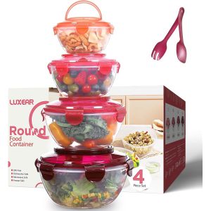 Mevronisshop-Lot De 4 Grand Saladier Avec Couvercle Hermetique 1l-4,5l, Bol Plastique Reutilisable Bol De Cuisine Portable Avec Poign&eacute;e Sans Bpa Boite De Conservation Passent Micro-Ondes Et Lave-Vais - Neuf
