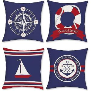 Lot De 4 Housses De Coussin 45 X 45 Cm Motif Ancre Nautique, Boussole, Voilier, Bleu Et Rouge, En Polyester Et Lin, Taie D'oreiller Décorative Pour Canapés, Lits, Chaises, Voiture, Salon - Neuf
