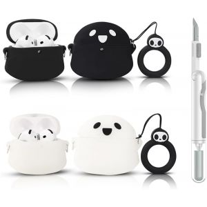 ELVORIX-Pack de 2 + Stylo nettoyant Housse pour Apple AirPods 4&egrave;me G&eacute;n&eacute;ration &Eacute;couteurs sans fil avec Stylo de Nettoyage Kit, Coque de Protection en Silicone Design Cartoon pour AirPods 4 (GTBK+WT) - Neuf