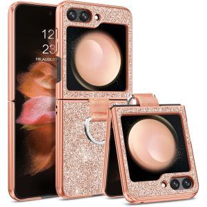 Kalanka-Coque De Protection À Paillettes Pour Samsung Galaxy Z Flip 5 Avec Anneau De Protection Fin Et Léger En Tpu - Anti-Chocs - Anti-Chocs - Or Rose - Neuf
