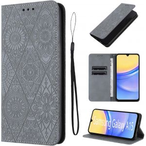 KAL-Housse Pour Samsung Galaxy A15 4G/5G 6.5 Pouces Cuir Artificiel Coque Samsung A15 Avec Fente Pour Carte Etui Samsung A15 Motif De Fleurs B&eacute;quille Protection Samsung A15 Gris - Neuf