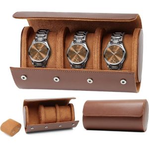 Kal-Boîte À Montres À 3 Emplacements, Coffret À Montres En Cuir Pu, Écrin, Étui À Montre Voyage Oîte De Montres De Voyage Pour Boîte De Rangement,Coussinets Amovibles - Brun - Neuf