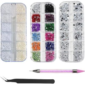 Kal-Pierres Strass Ongle Nail Art, Bijoux Ongles Nail Art Diamants En Cristal À Dos Plat, Avec Pince À Epiler Et Stylo Pointeur Strass Picker Pour Decoration Ongle - Neuf