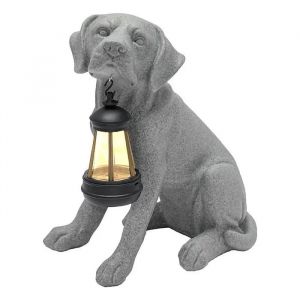 Lampe Solaire LED de Jardin Figurine Chien en R&eacute;sine Grise D&eacute;coration Ext&eacute;rieure &Eacute;tanche Luminaire Automatique pour Terrasse - Neuf