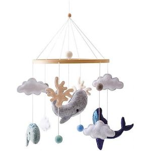 Yemaesre-Mobile Bébé Carillon Éolien Avec Boules De Feutre Animaux Marins 3d Nuages Mobile Bébé En Bois Lit Bébé Baleine Mobile Bébé Nouveau-Né Garçon Fille Pendentif - Neuf
