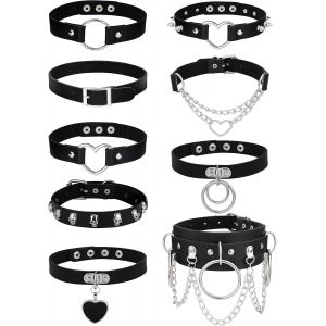 9pcs Gothic Leather Choker Necklace Women Punk Chain Clavicle Pu Black Choker Spike Necklace Chocker Studded Rock Tower Heart Adjustable Halloween Cosplayer - Neuf