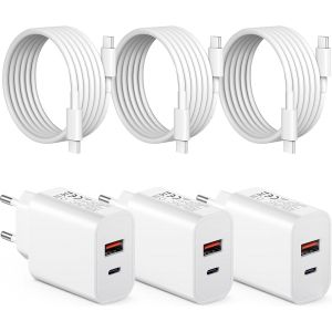 Lot de 3 chargeurs USB C 30 W + c&acirc;ble de charge rapide avec c&acirc;ble de charge, bloc d'alimentation USB compatible avec iPhone 16/15/iPad/Galaxy/Samsung/Google, etc - Neuf
