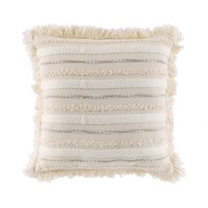 Coussin D&eacute;houssable En Coton Tiss&eacute; Avec Franges Et Rayures En Relief - Neuf