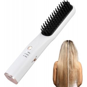 Kal-Brosse Lissante Sans Fil 4000mah Brosse À Lisser Les Cheveux Fers À Lisser, Brosse Lissante Céramique Anti-Brûlure, 3 Températures De 140°C/160°C/180°C, Blanc/Or, Fr095 - Neuf