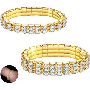 Kal-2 Pièces Bracelets Extensibles En Strass, Tennis Diamant, Bijoux Empilables De Mariée Étincelants En Cristal D'argent, Élastique Pour Fête De Mariage Femmes - Neuf
