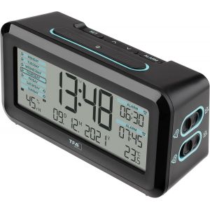 R&eacute;veil Radio-pilot&eacute;e Boxx2 num&eacute;rique, 60.2562.01.GB, avec Batterie, 2 Heures d'alarme, &eacute;cran Anglais, avec Thermo-hygrom&egrave;tre, Noir-Turquoise - Neuf