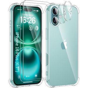 5 En 1 Coque Pour Iphone 16 Plus Avec 2 Verre Tremp&eacute; Et 2 Cam&eacute;ra Protecteur, &Eacute;tui De Protection Antichoc Avec Coussin D'Air Int&eacute;gr&eacute; Mince Bumper Housse - Transparente - Neuf