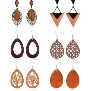 6 Paires Boucles D'oreilles En Bois Pour Femmes Boucles D'oreilles Pendantes Triangles Ovale Forme De Larme - Neuf