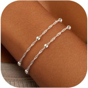 Eryi-Bracelet Femme Argent Or Plaqué Or 14k Réglable Empilable Chaîne Bracelets Coeur Perle Love Scintillante Lot Bracelets Personnalisé Fantaisie Anniversaire Pour Femmes File Bijoux 16cm+5cm - Neuf