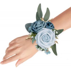 Pack De 2 Poignet Corsage Bracelet De Mariage De Demoiselle D'honneur, Mère Grand-Mère Pour La Douche Nuptiale De Mariage Artificielle Roses De Bal (Dusty Bleu) - Neuf