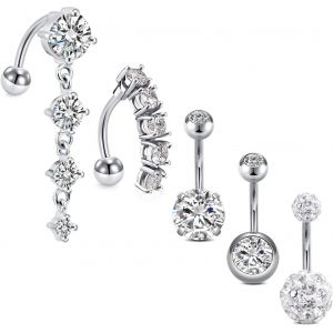 3-5 Pcs 14g Acciaio Inossidabile Reverse Piercing Nombril Anneaux Pour Femme Navel Bar Ring Cz Pierre Cristal Argent Corps Piercing Bijoux - Neuf