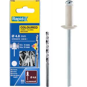 Rivets Pop en Aluminium Ø4.8 x 12 mm,Coloris Blanc,Rivets Aveugles pour Gouttières/Tuyaux/Tôle-Foret Inclus-50 Pièces,Emballage Carton (5001468) - Neuf
