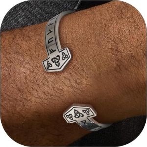 Trahoo-Bracelet Homme Viking Runes Nordique Acier Inoxydable,Bracelet Manchette Runique Jonc Ouvert Réglable - Neuf