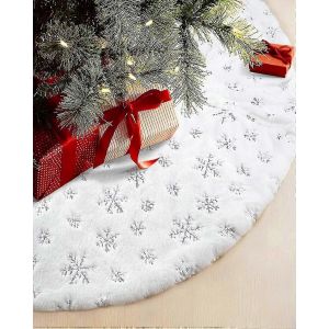 Jupe de sapin de No&euml;l &agrave; paillettes argent&eacute;es en forme de flocons de neige, orn&eacute;e de 90 cm de d&eacute;corations et d'une base en fausse fourrure blanche comme neige - Accessoire de sapin festif - Neuf