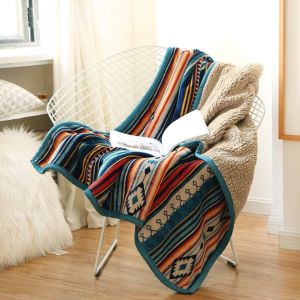 Checarzhn--No1-Couverture Polaire Épaisse 220x240cm, Jeté De Canape À Rayures Confortable Réversible En Flanelle Et Sherpa, Plaid Polaire Luxueuse Bohémienne Extrêmement Douce Et C Idéale Pour L'hive - Neuf