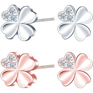 Kal-Argent 925 Boucles D'oreilles Clous De Quatre Feuilles Pour Femme Fille Clous D'oreilles Argent Avec Zircon Cubique Boucles D'oreilles Trèfle Bijoux - Neuf
