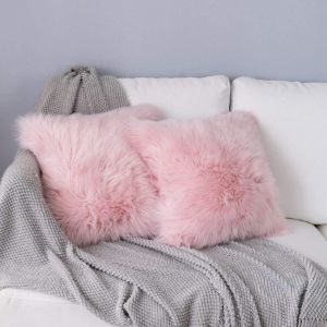 Cauc-Housse De Coussin,Peau De Mouton Fourrure Cuir Taie D'oreiller,Fausse Fourrure Deluxe D&eacute;coratif Canap&eacute; Chambre Lit Super Doux Peluche Mongolie Taie D'oreiller (2pcs Rose, 45x45 Cm) - Neuf