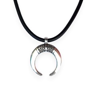 - Collier Femme De Lune Ethnique Invers&eacute;e En Argent Antique - Pendentif En Corne D'homme Et De Femme Avec Cordon En Cuir Noir Cir&eacute; Et Fermoir En Acier - Id&eacute;al Pour Les Cadeaux - Neuf