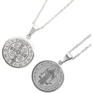 Kal-2 Pcs Collier De Sceau Saint Benoît En Acier Inoxydable, Pendentif Croix Jésus, Amulette Religieuse De Force, Paix Prière, Bijoux Pour Hommes Femmes(Silber) - Neuf