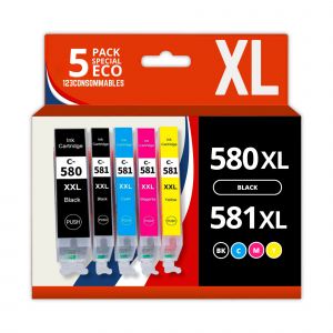 123CONSOMMABLES - 580XXL 581XXL - Cartouches d'encre Compatible avec Canon 581 580 XXL pour TS8150 TS6150 TS8250 TS6151 TR8550 TR7550 TS8151 TS9150 (2 Noir / 1 Cyan / 1 Magenta / 1 Jaune) - Neuf