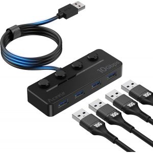 Hub USB 3.2 avec câble étendu de 120cm/4ft,USB 3.2 Gen 2 Hub,Concentrateur USB 3.2 avec interrupteurs d'alimentation LED individuels pour MacBook,PC,clés USB,Disque Dur Mobile,iMac,XPS - Neuf