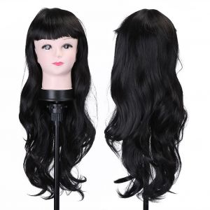 Perruque Longue Bouclee Avec Frange Pour Femme, 75 Cm, Tendance, Pour Deguisement De Cosplay (Noir) - Neuf