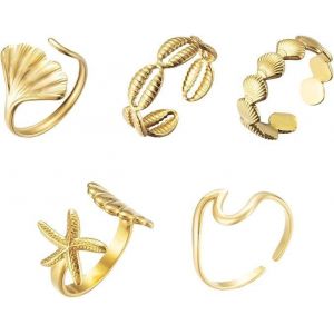 Kalanka-5 Pièces Bague Femme Acier Inoxydable, Bague Coquillage Etoile De Mer, Vintage Bagues Pour Femmes, Set De Bague Doré, Etanche Simple Ouverture Bagues Dorées Reglables Pour Femmes Et Filles - Neuf
