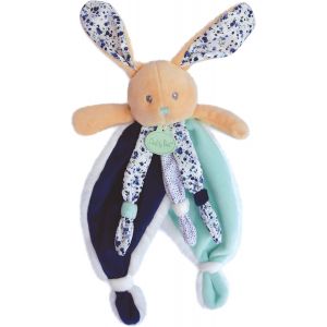 KALANKA- - Doudou Lapin Plat - Lapin Poupi Marine - Imprimé Fleurs Bleues - Forme Originale Facile à Attraper avec Nouettes & Grandes Oreilles - Idée Cadeau Naissance Bébé Fille et Garçon - BN0543 - Neuf
