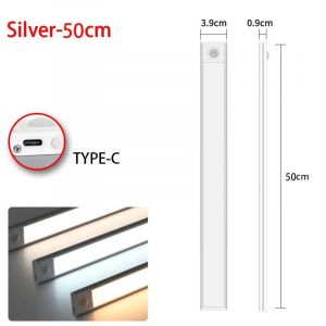 LED veilleuse capteur de mouvement sans fil USB armoire veilleuse armoire lampe pour armoires de cuisine chambre armoire 20/30/40/60CM-Silver 50CM-3color in one Lamp - Neuf