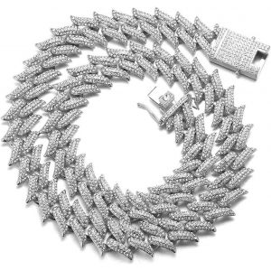 Kal-Diamant Cubain Pour Homme 20mm,Platine Fini Or Blanc Cha&icirc;ne En Or 3 Rang&eacute;es Cha&icirc;ne D'&eacute;pine De Diamants Collier 50cm,Diamants De Laboratoire,Avec Coffret Cadeau Gratuit - Neuf